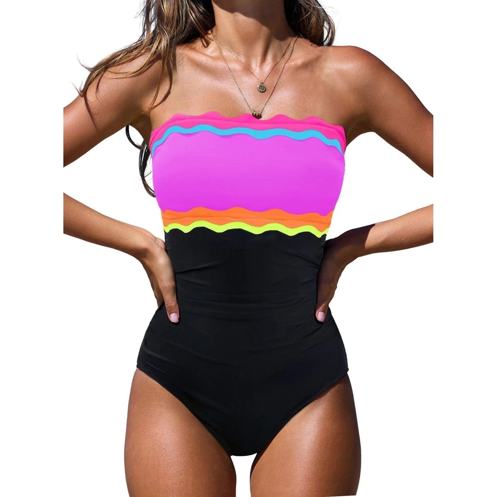 NWT Popvil Strapless Bandeau One Piece Tummy Control Neon Swimsuit Large